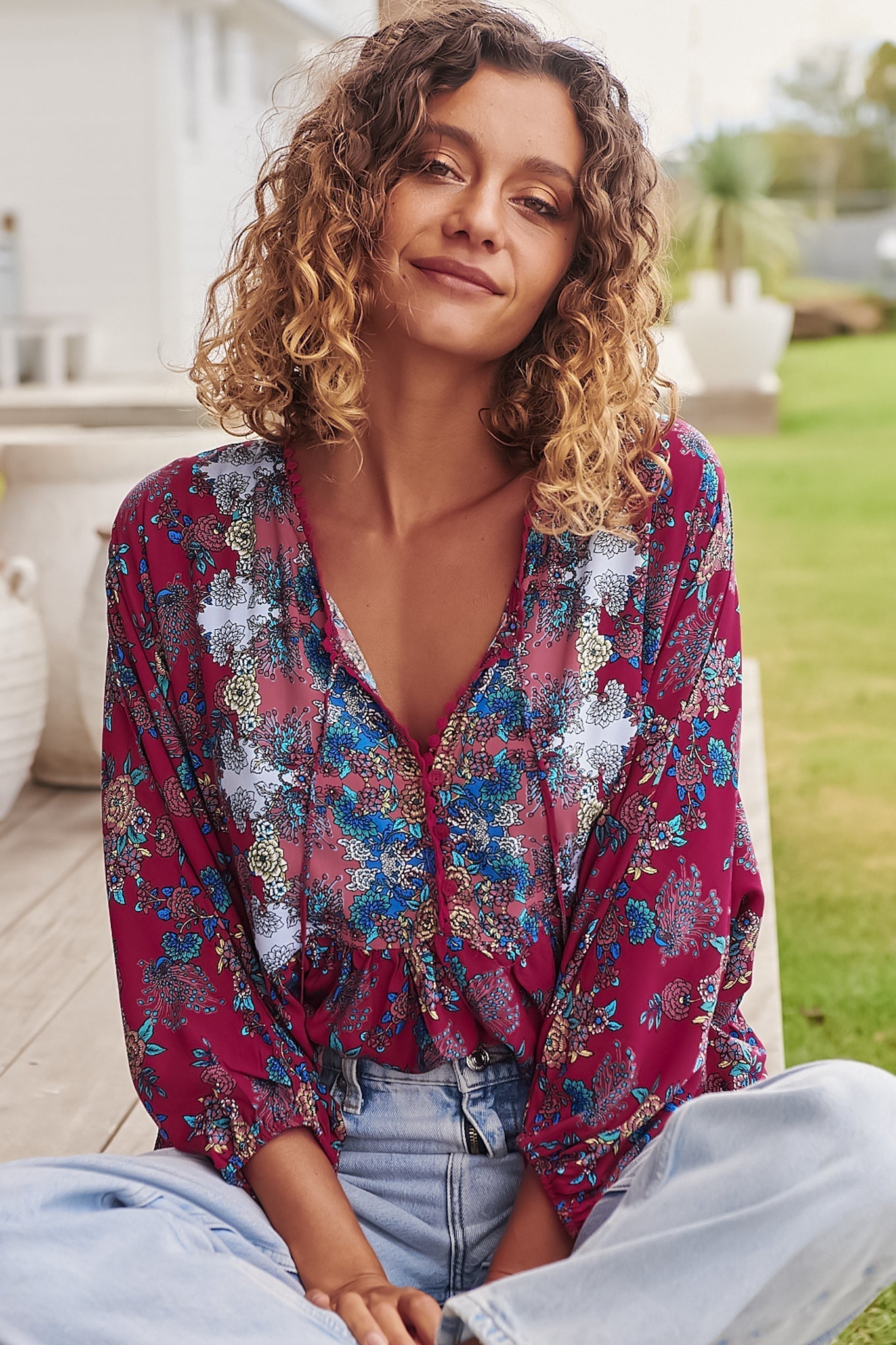 JAASE - Chloe Top: Very Oversized Crochet Trim Neckline Smock Top in Strawberry Kiss Print