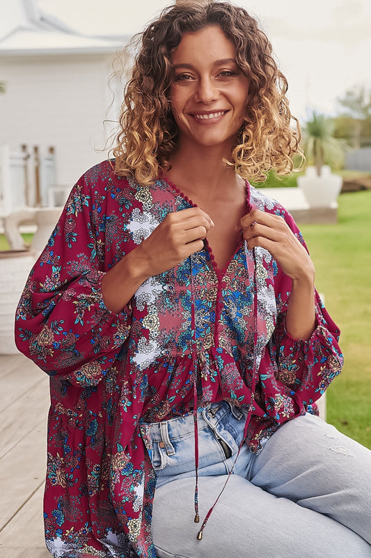 JAASE - Chloe Top: Very Oversized Crochet Trim Neckline Smock Top in Strawberry Kiss Print