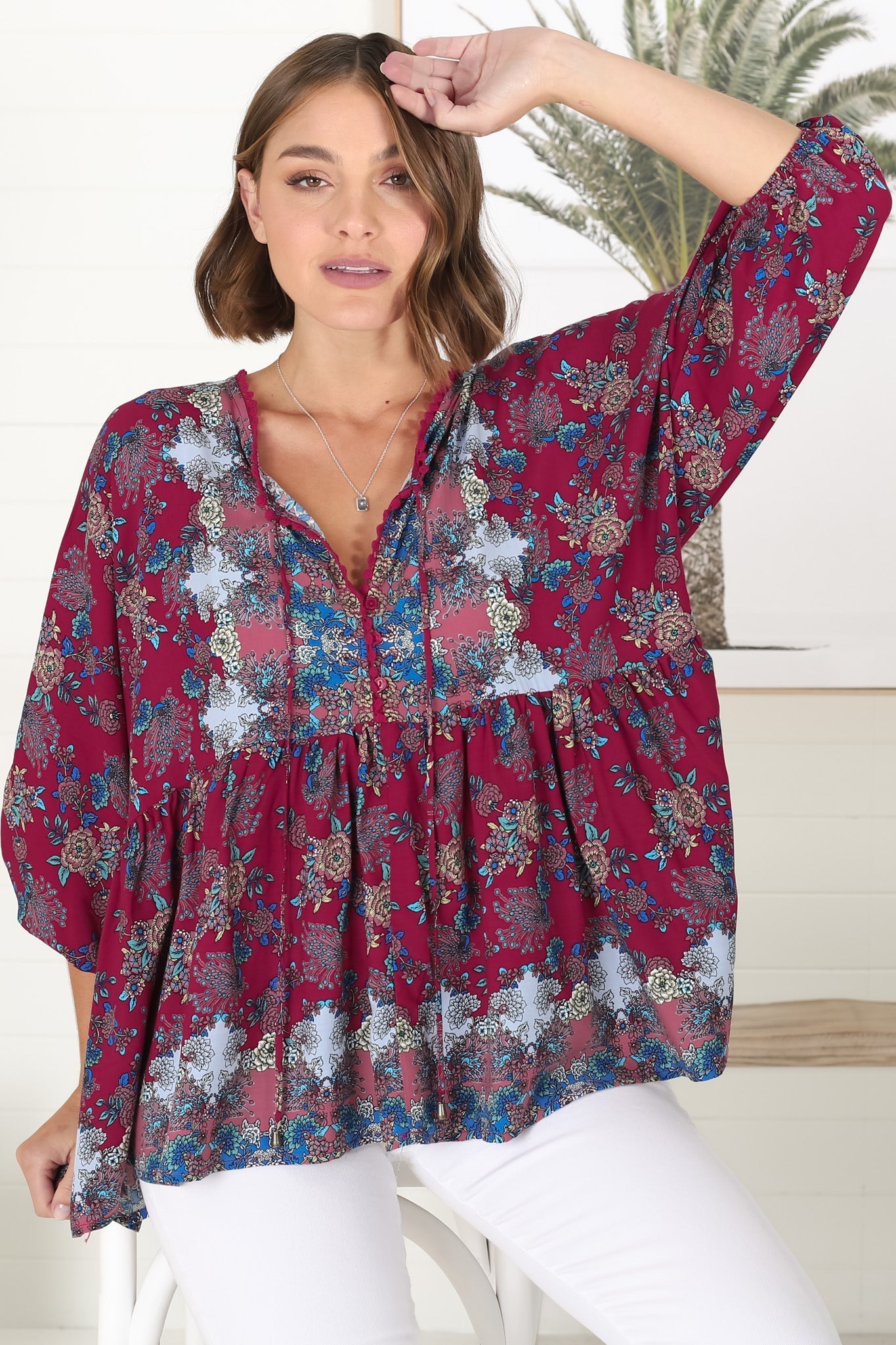 JAASE - Chloe Top: Very Oversized Crochet Trim Neckline Smock Top in Strawberry Kiss Print