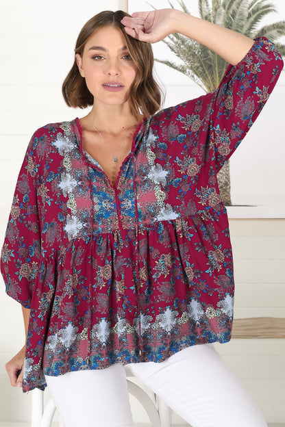 JAASE - Chloe Top: Very Oversized Crochet Trim Neckline Smock Top in Strawberry Kiss Print
