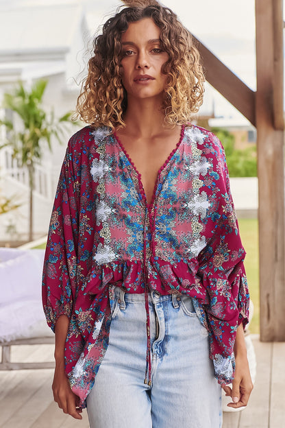 JAASE - Chloe Top: Very Oversized Crochet Trim Neckline Smock Top in Strawberry Kiss Print