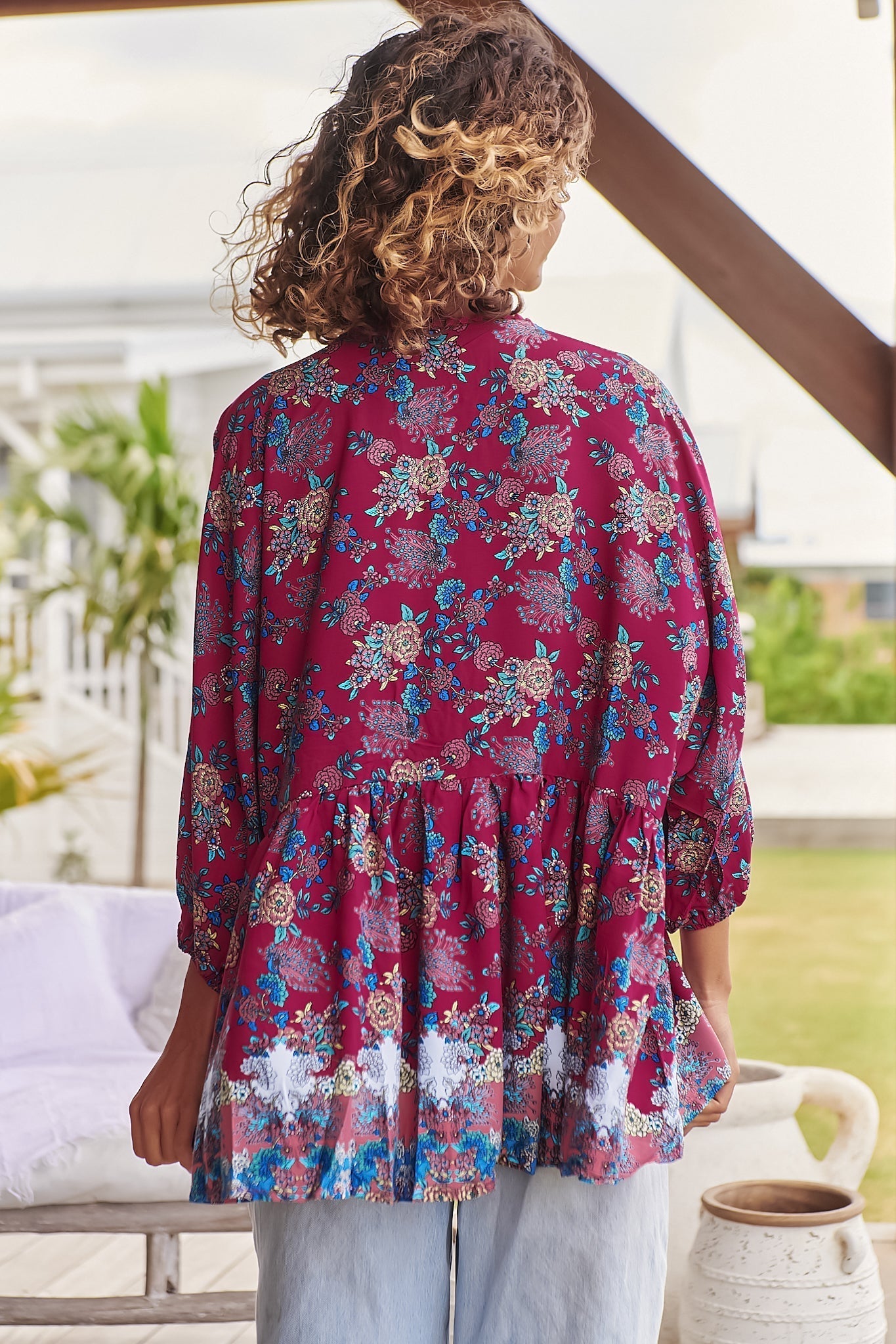 JAASE - Chloe Top: Very Oversized Crochet Trim Neckline Smock Top in Strawberry Kiss Print