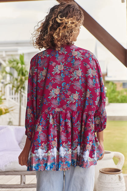 JAASE - Chloe Top: Very Oversized Crochet Trim Neckline Smock Top in Strawberry Kiss Print