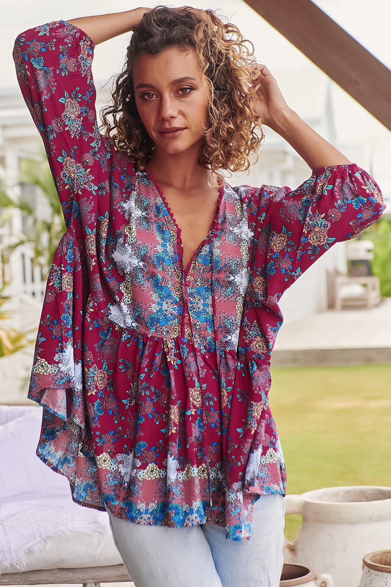 JAASE - Chloe Top: Very Oversized Crochet Trim Neckline Smock Top in Strawberry Kiss Print