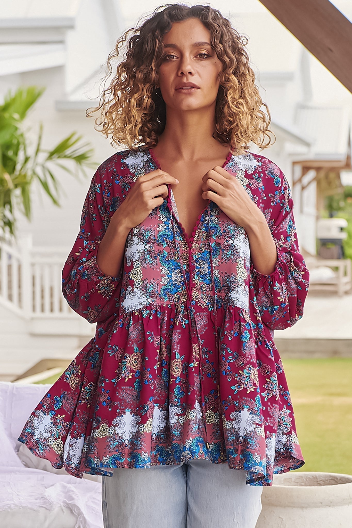 JAASE - Chloe Top: Very Oversized Crochet Trim Neckline Smock Top in Strawberry Kiss Print