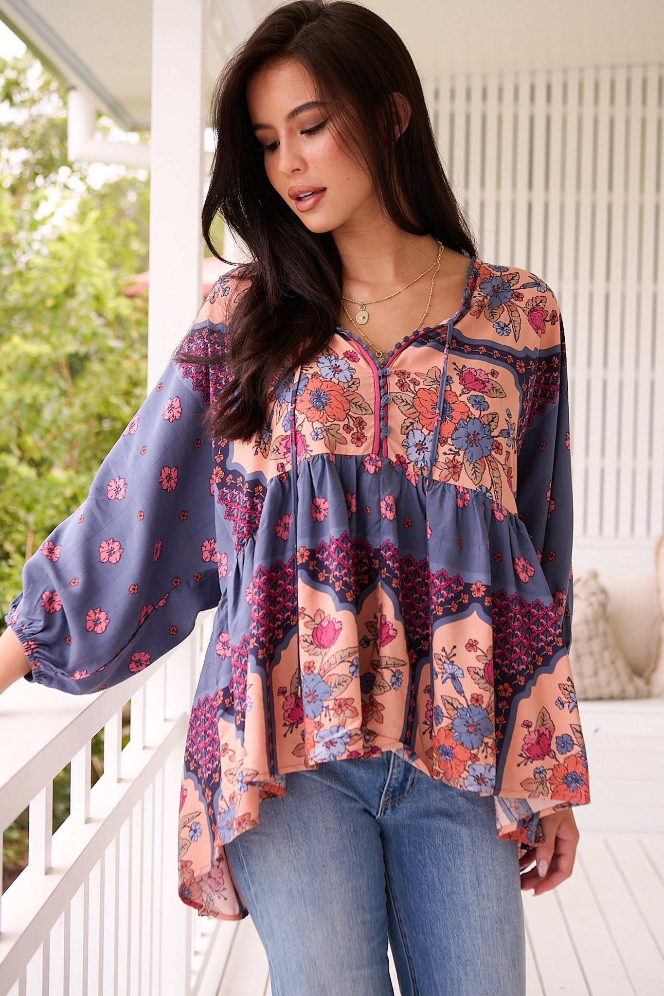 JAASE - Chloe Top: Very Oversized Crochet Trim Neckline Smock Top in Laney Print