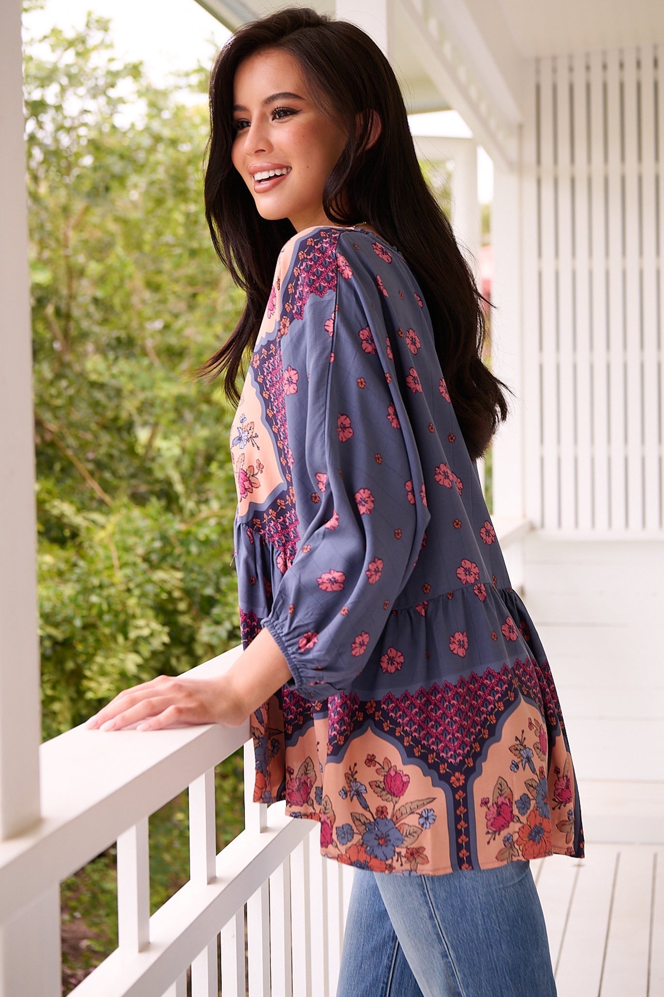 JAASE - Chloe Top: Very Oversized Crochet Trim Neckline Smock Top in Laney Print