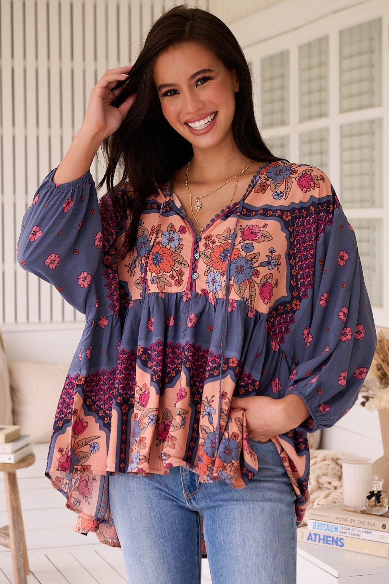 JAASE - Chloe Top: Very Oversized Crochet Trim Neckline Smock Top in Laney Print