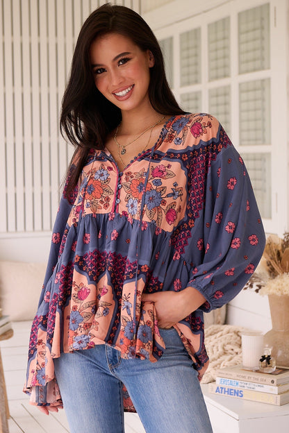 JAASE - Chloe Top: Very Oversized Crochet Trim Neckline Smock Top in Laney Print