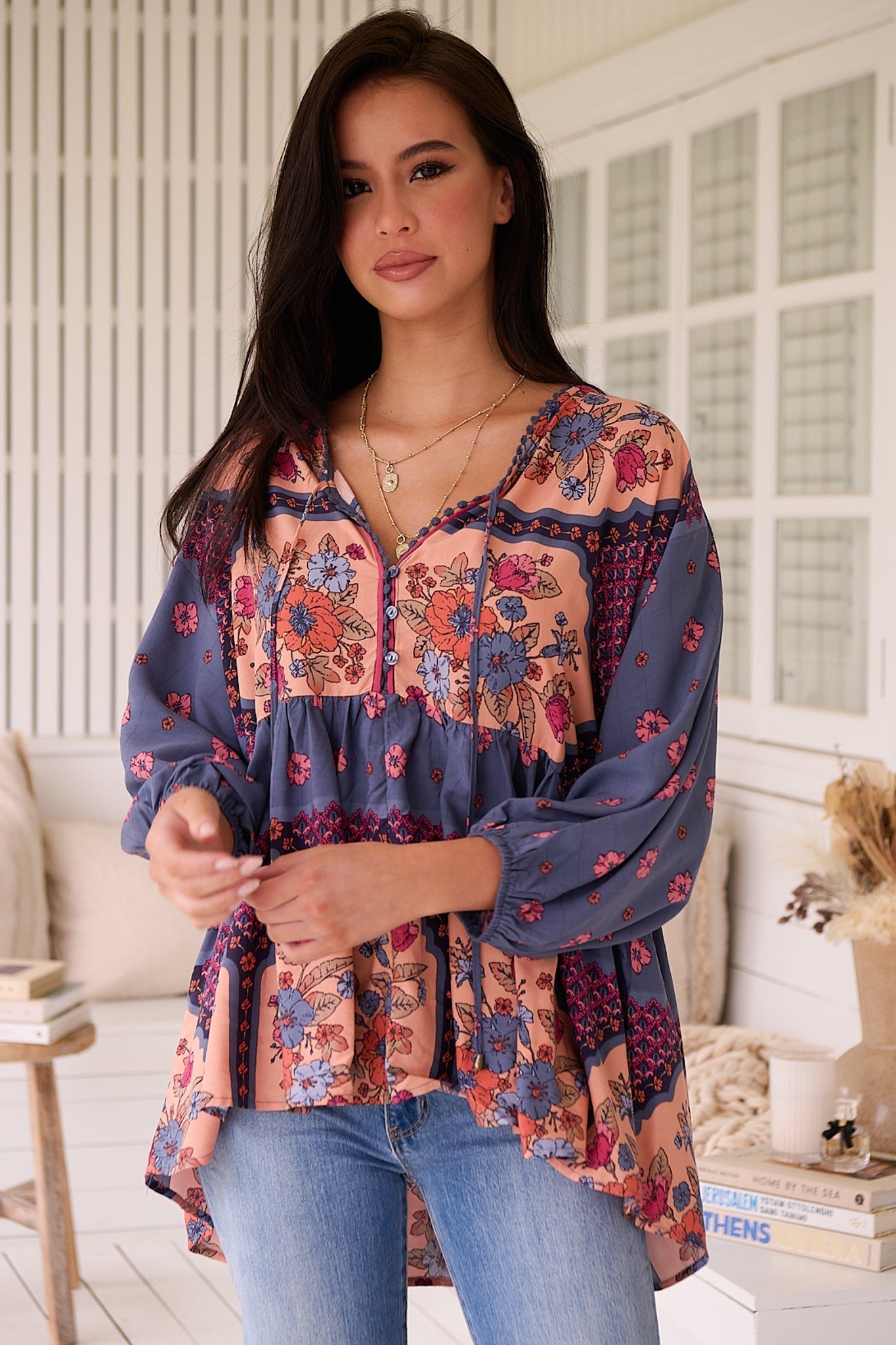 JAASE - Chloe Top: Very Oversized Crochet Trim Neckline Smock Top in Laney Print