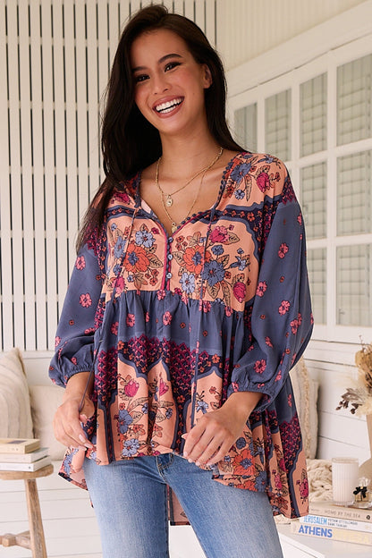 JAASE - Chloe Top: Very Oversized Crochet Trim Neckline Smock Top in Laney Print