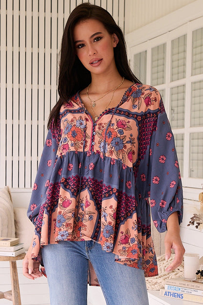 JAASE - Chloe Top: Very Oversized Crochet Trim Neckline Smock Top in Laney Print