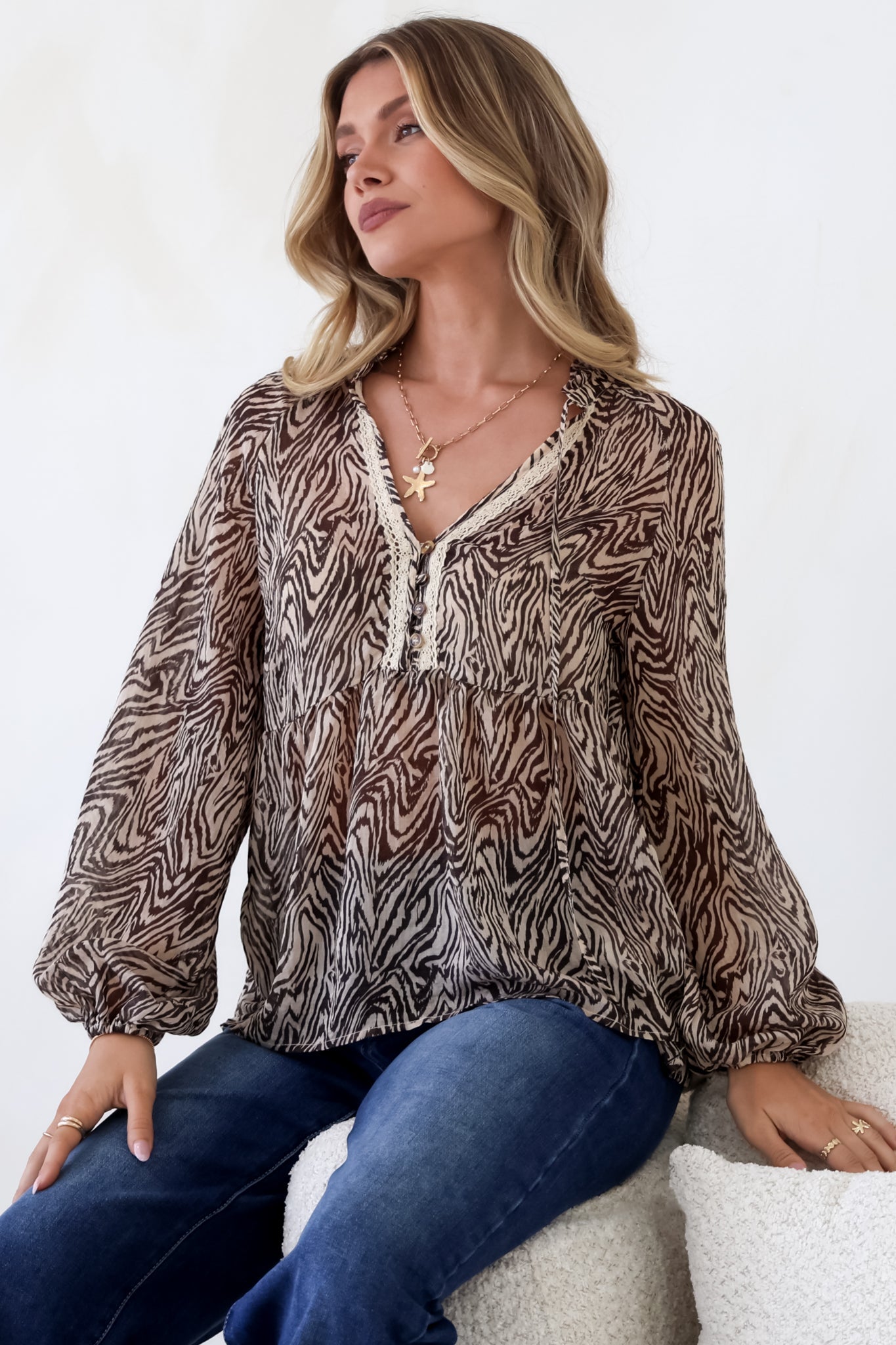 Collins Blouse - Frill Mandarin Collar Pull Over Blouse in Zebra Print