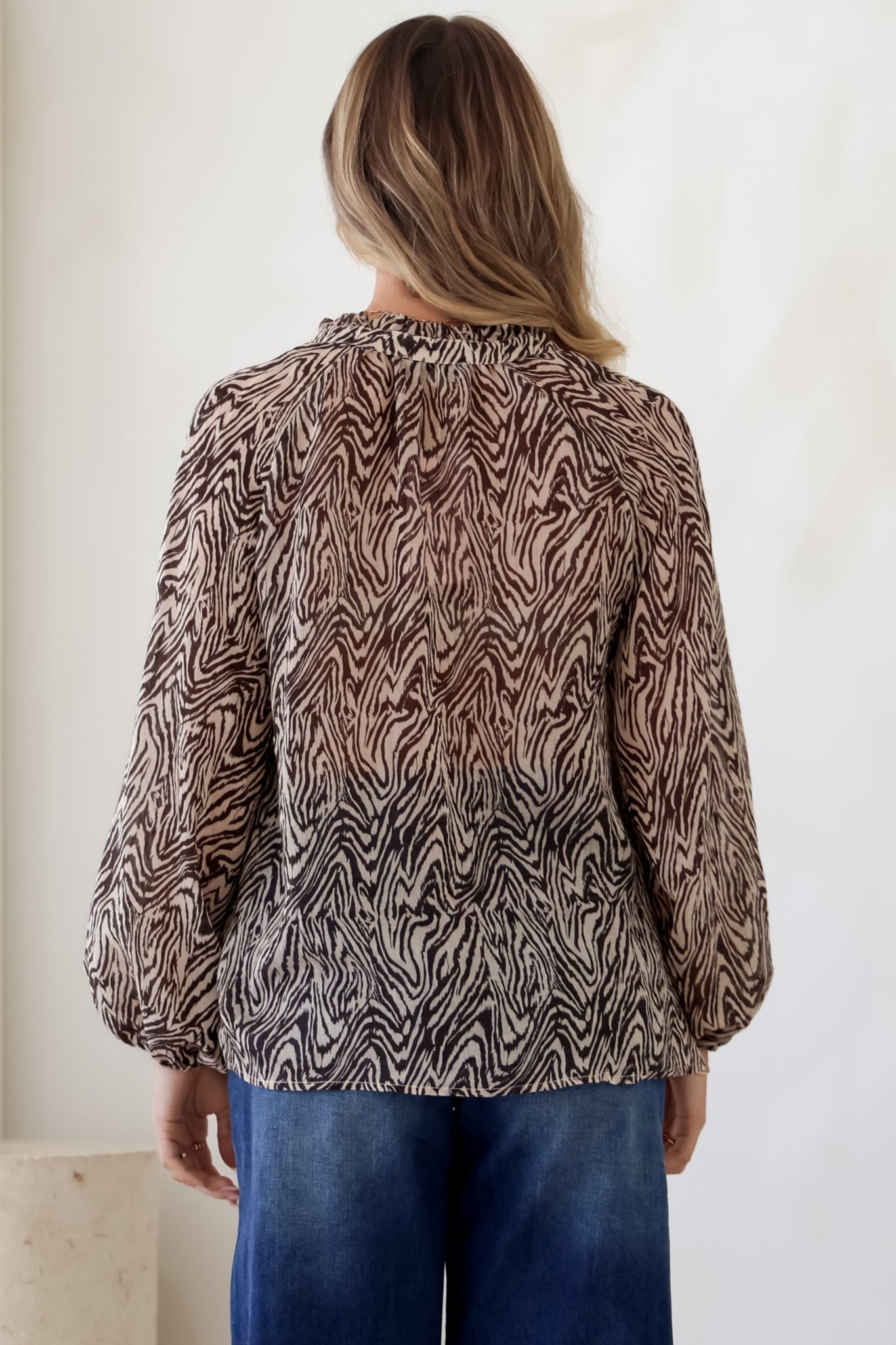 Collins Blouse - Frill Mandarin Collar Pull Over Blouse in Zebra Print