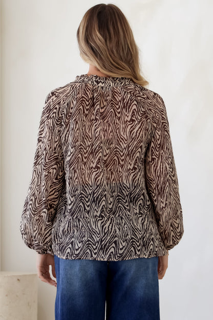 Collins Blouse - Frill Mandarin Collar Pull Over Blouse in Zebra Print