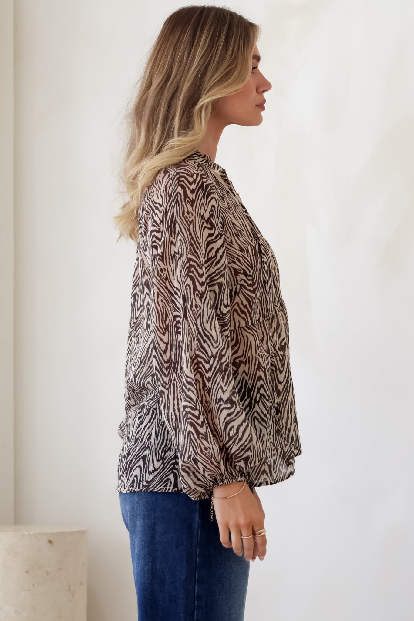 Collins Blouse - Frill Mandarin Collar Pull Over Blouse in Zebra Print