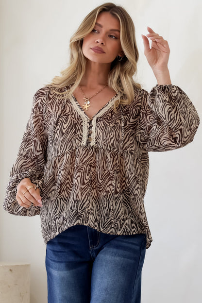 Collins Blouse - Frill Mandarin Collar Pull Over Blouse in Zebra Print