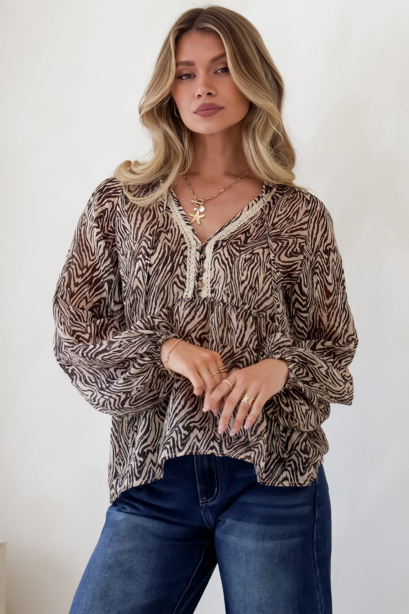 Collins Blouse - Frill Mandarin Collar Pull Over Blouse in Zebra Print