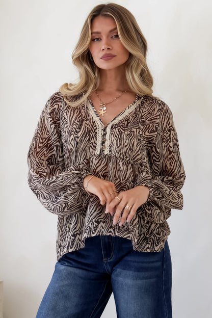 Collins Blouse - Frill Mandarin Collar Pull Over Blouse in Zebra Print