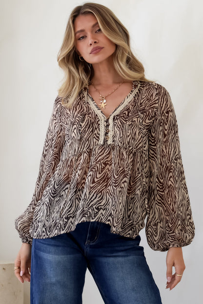 Collins Blouse - Frill Mandarin Collar Pull Over Blouse in Zebra Print