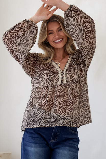 Collins Blouse - Frill Mandarin Collar Pull Over Blouse in Zebra Print