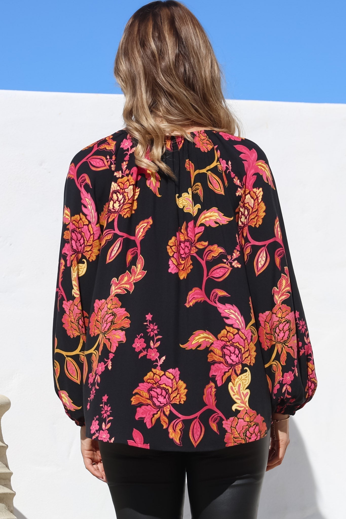 Cora Blouse - Round Neckline with Neck Tie Pull-Over Top in Valerie Print