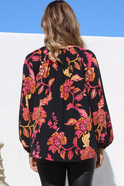 Cora Blouse - Round Neckline with Neck Tie Pull-Over Top in Valerie Print