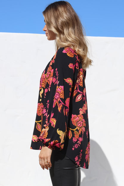 Cora Blouse - Round Neckline with Neck Tie Pull-Over Top in Valerie Print