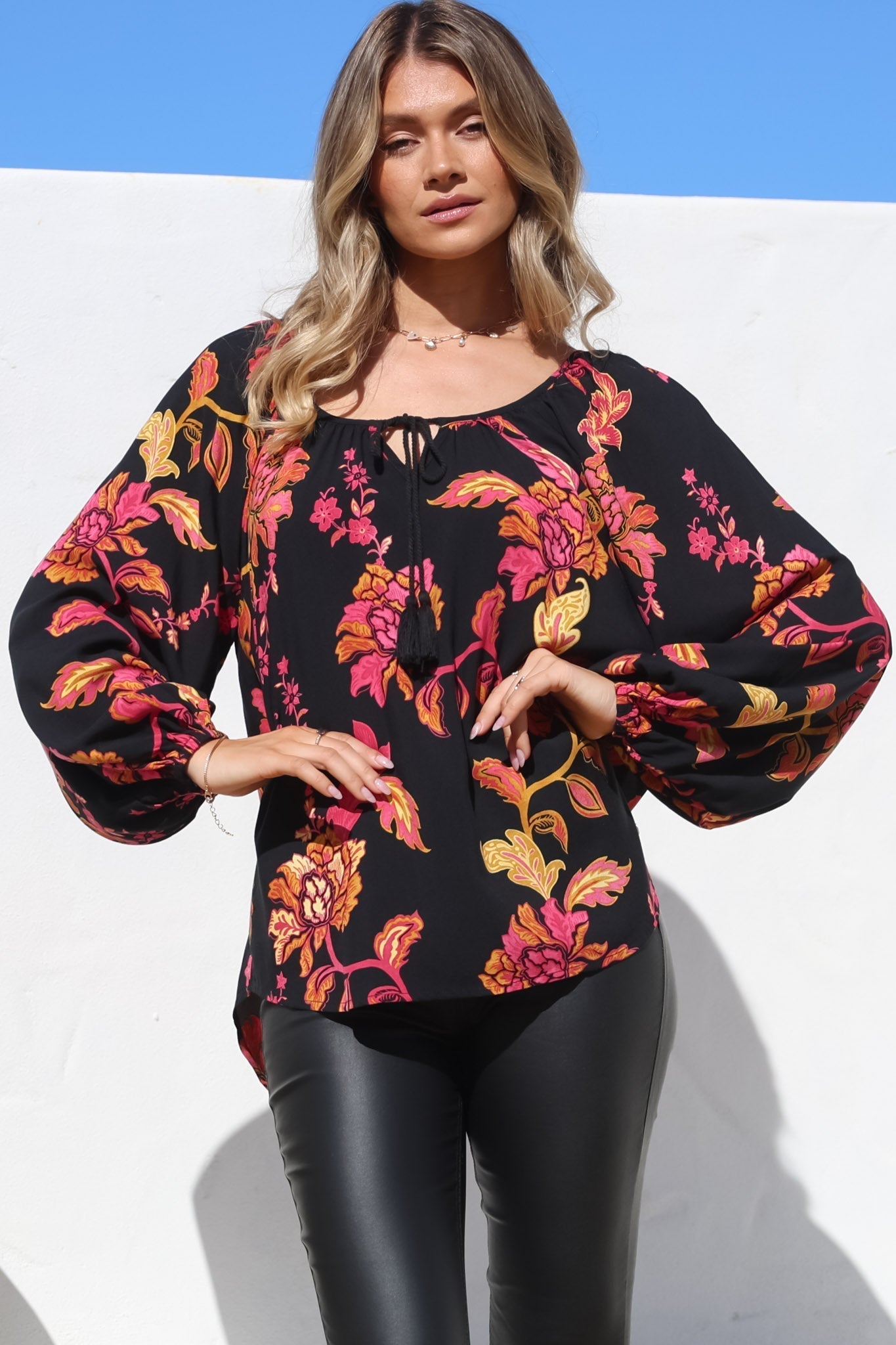 Cora Blouse - Round Neckline with Neck Tie Pull-Over Top in Valerie Print