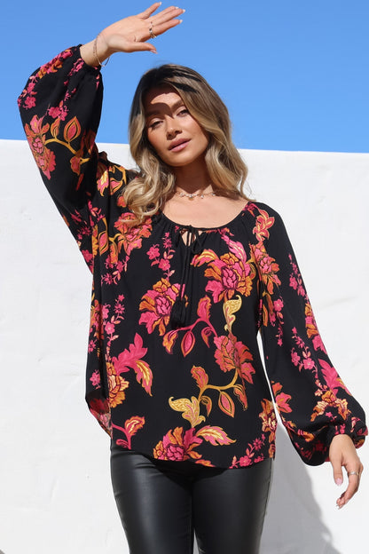 Cora Blouse - Round Neckline with Neck Tie Pull-Over Top in Valerie Print