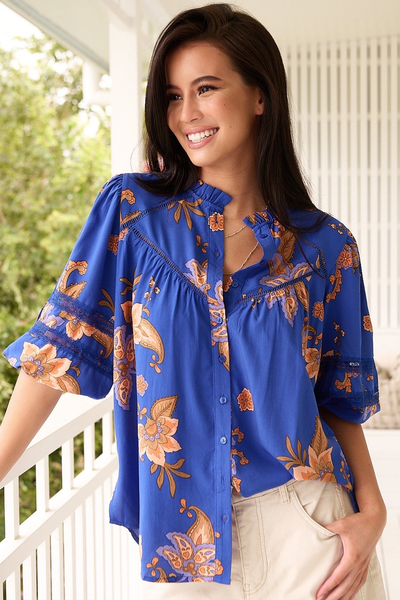 JAASE - Eliza Blouse: Frill Collar Button Down Lace Detailed Blouse in Maribella Print