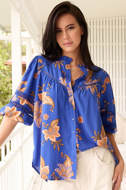 JAASE - Eliza Blouse: Frill Collar Button Down Lace Detailed Blouse in Maribella Print