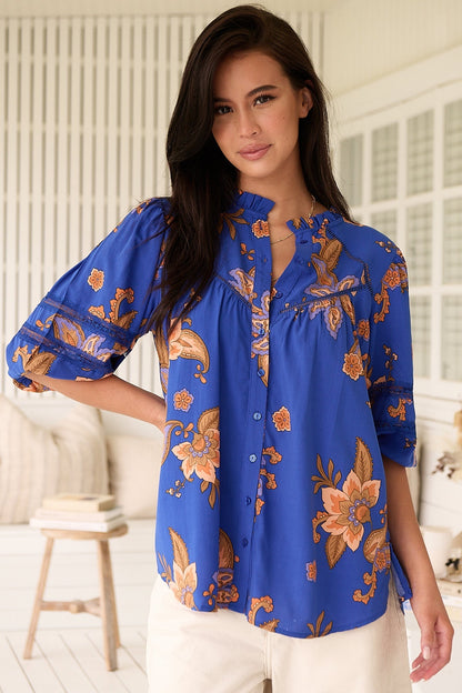 JAASE - Eliza Blouse: Frill Collar Button Down Lace Detailed Blouse in Maribella Print