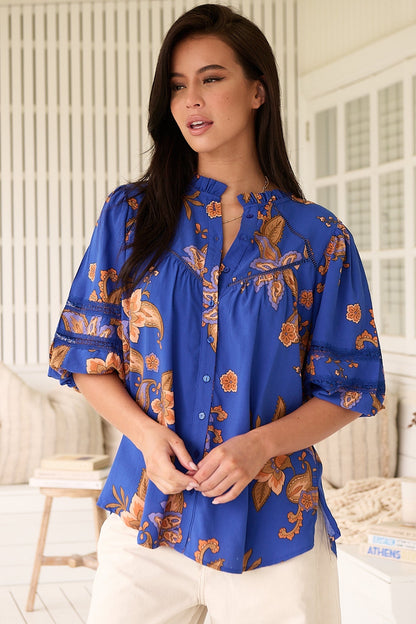JAASE - Eliza Blouse: Frill Collar Button Down Lace Detailed Blouse in Maribella Print