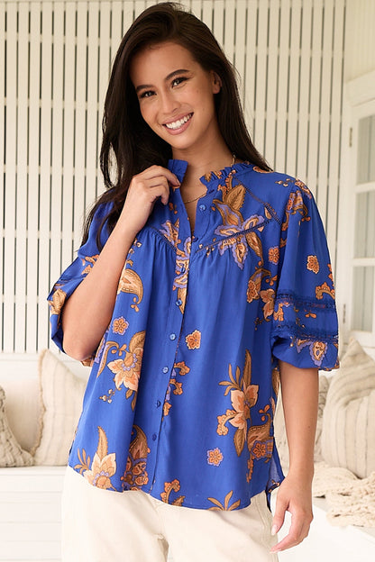 JAASE - Eliza Blouse: Frill Collar Button Down Lace Detailed Blouse in Maribella Print