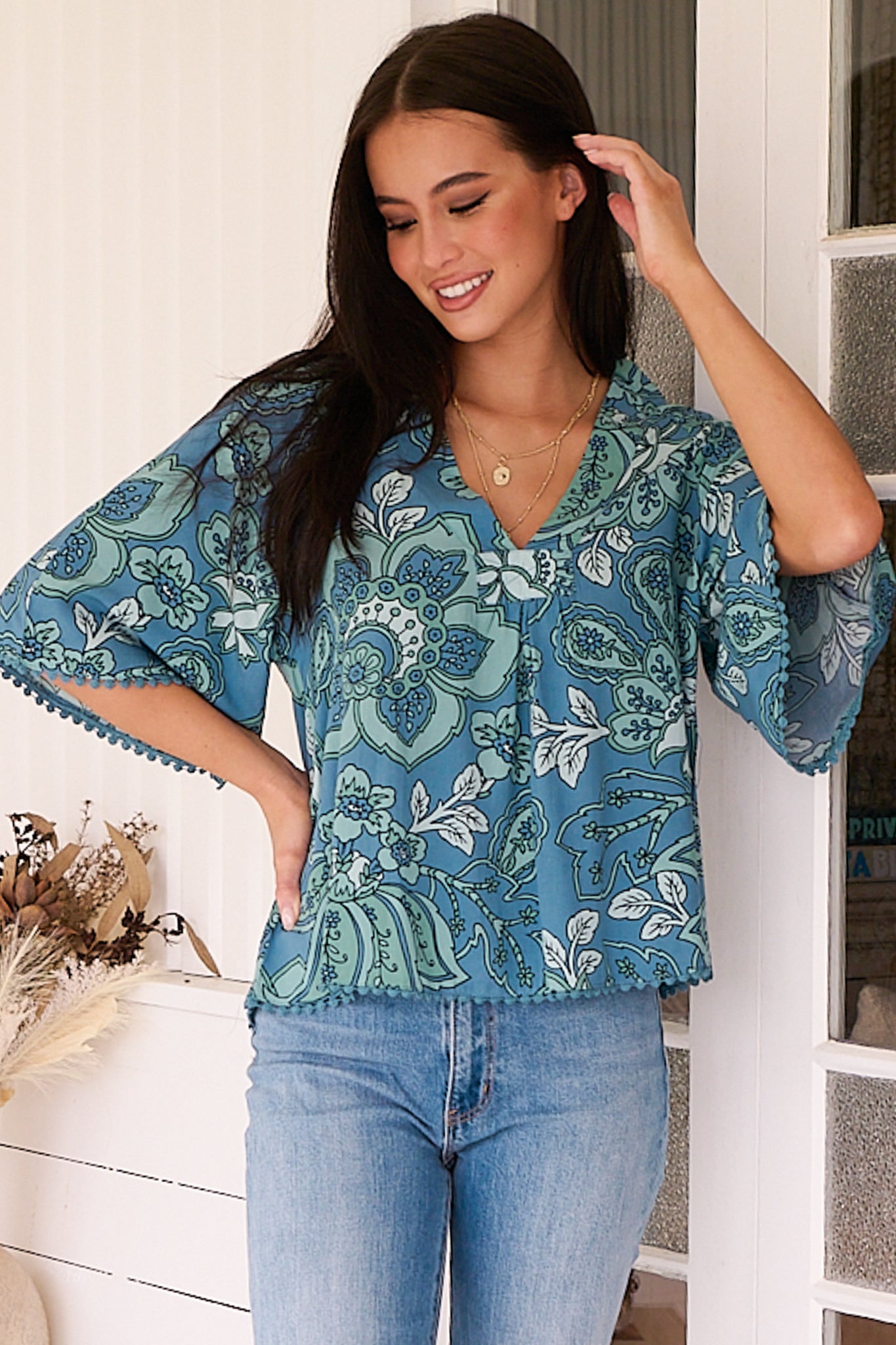 JAASE - Gabriella Top: Mandarin Collar Deep V Neck Crochet Trim Top in Serenade Print