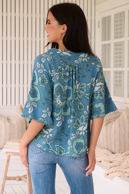 JAASE - Gabriella Top: Mandarin Collar Deep V Neck Crochet Trim Top in Serenade Print