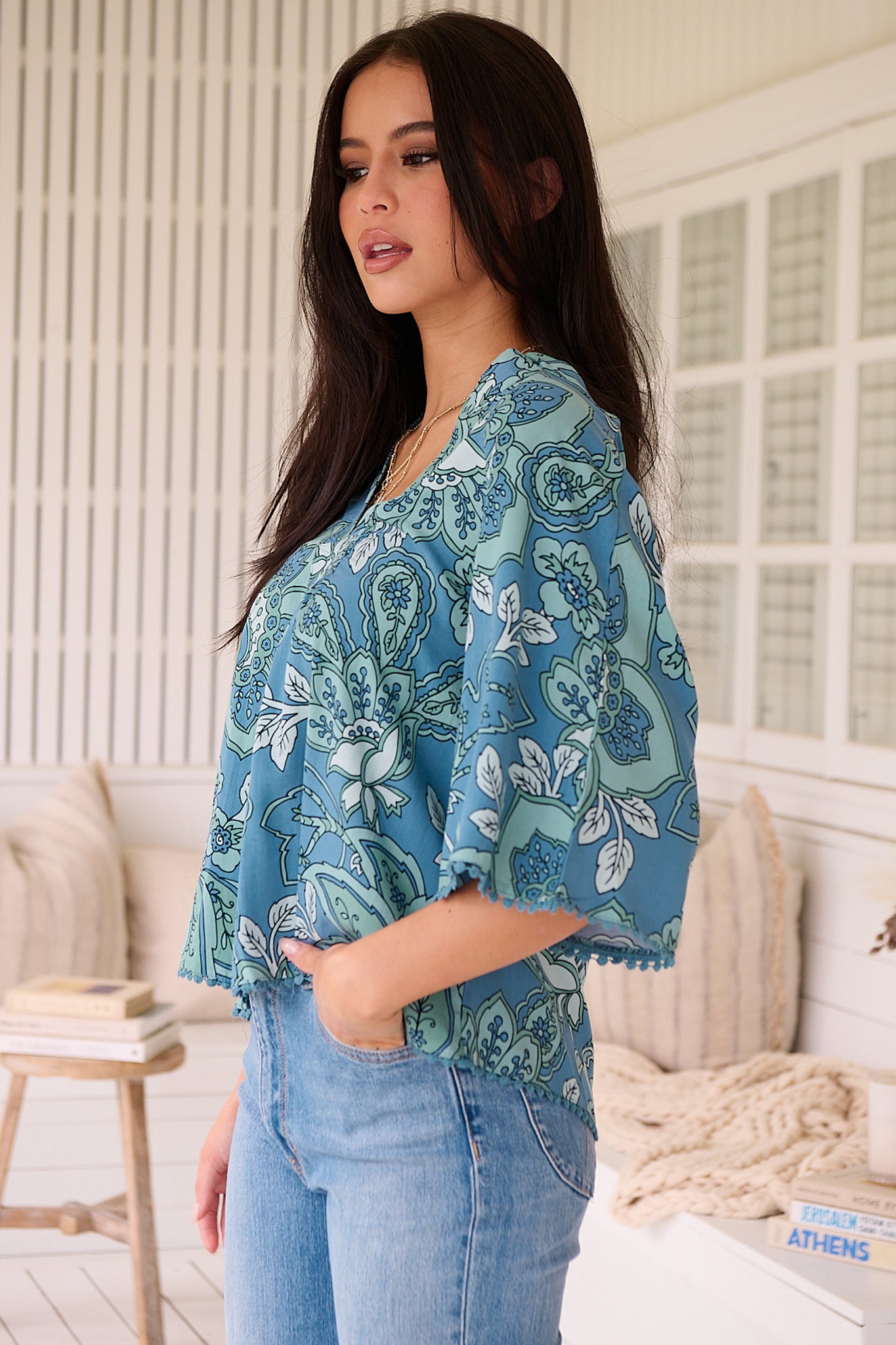 JAASE - Gabriella Top: Mandarin Collar Deep V Neck Crochet Trim Top in Serenade Print