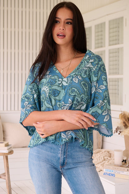 JAASE - Gabriella Top: Mandarin Collar Deep V Neck Crochet Trim Top in Serenade Print