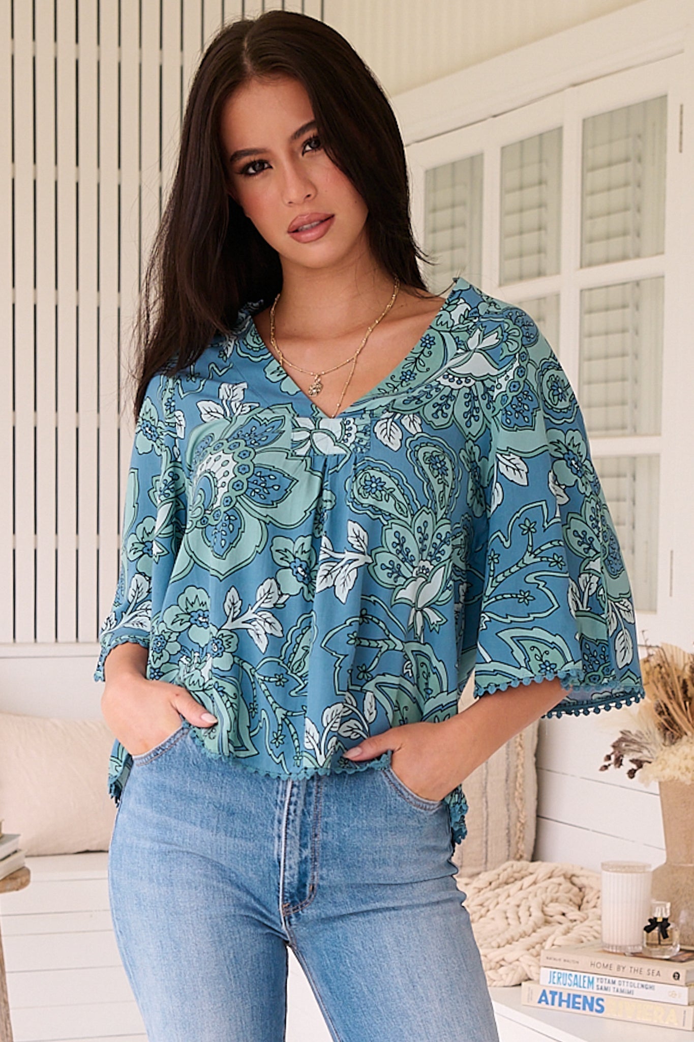 JAASE - Gabriella Top: Mandarin Collar Deep V Neck Crochet Trim Top in Serenade Print