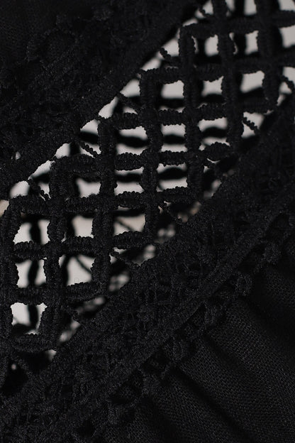 Silas Top - Cotton Blend Pleating and Crochet Detailed Long Sleeve Blouse in Black