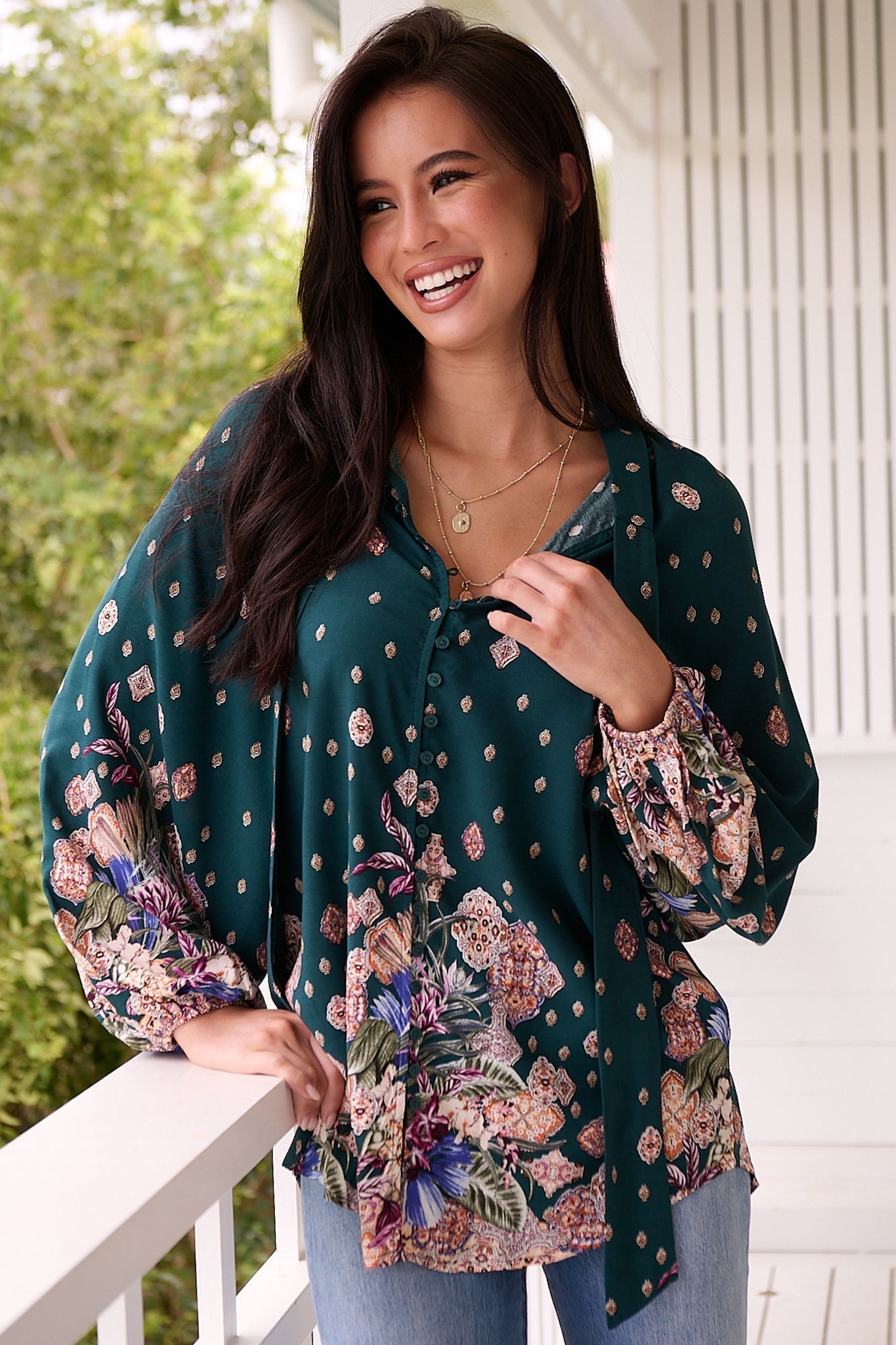 JAASE - Imogen Blouse: Mandarin Collar Button Down Blouse in Estella Print