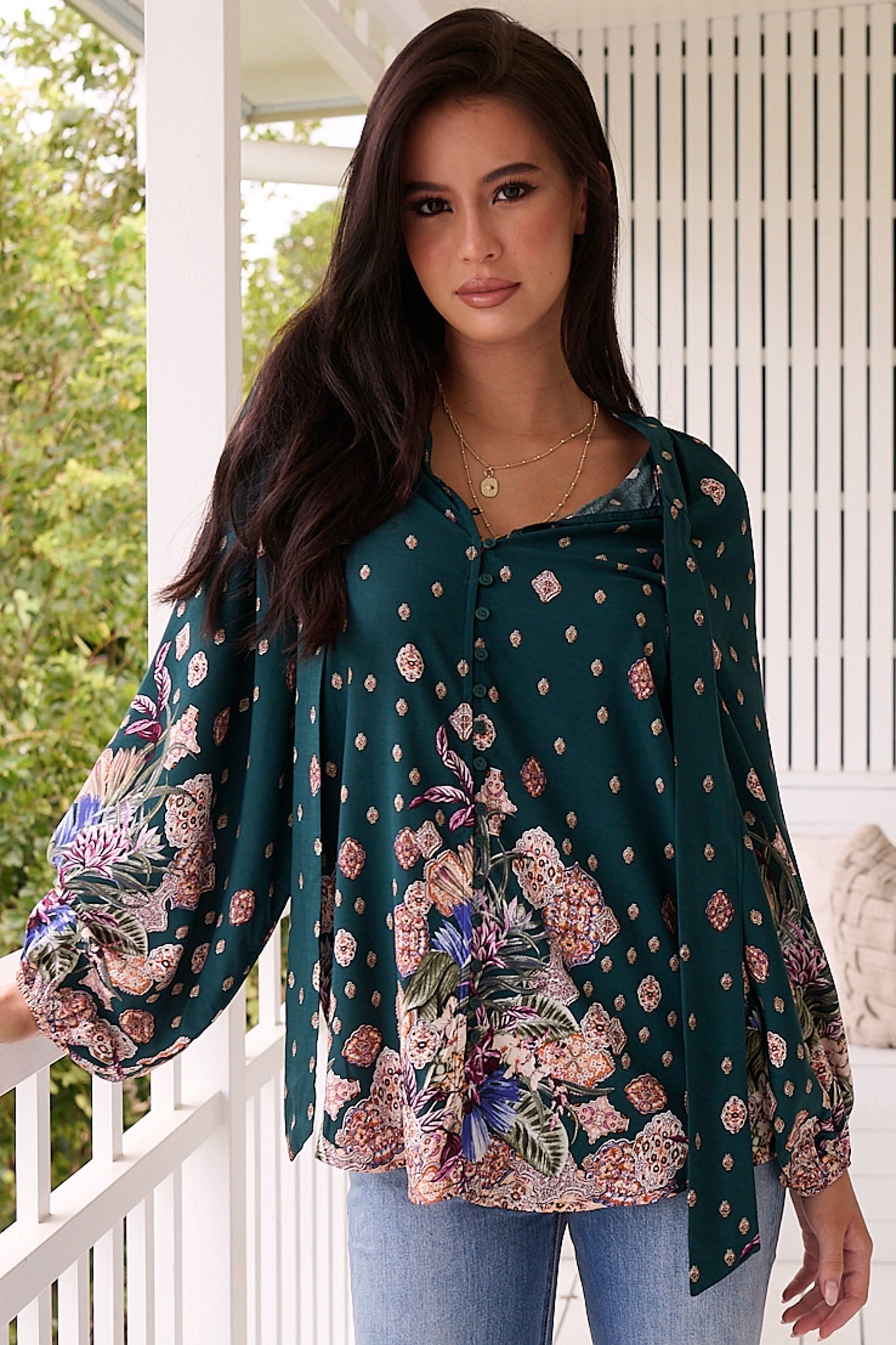 JAASE - Imogen Blouse: Mandarin Collar Button Down Blouse in Estella Print