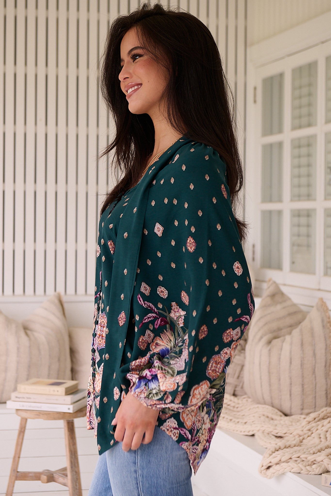 JAASE - Imogen Blouse: Mandarin Collar Button Down Blouse in Estella Print