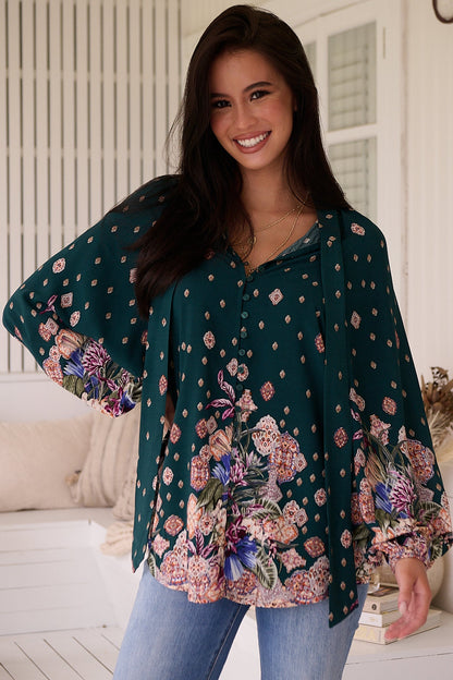 JAASE - Imogen Blouse: Mandarin Collar Button Down Blouse in Estella Print