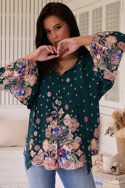 JAASE - Imogen Blouse: Mandarin Collar Button Down Blouse in Estella Print