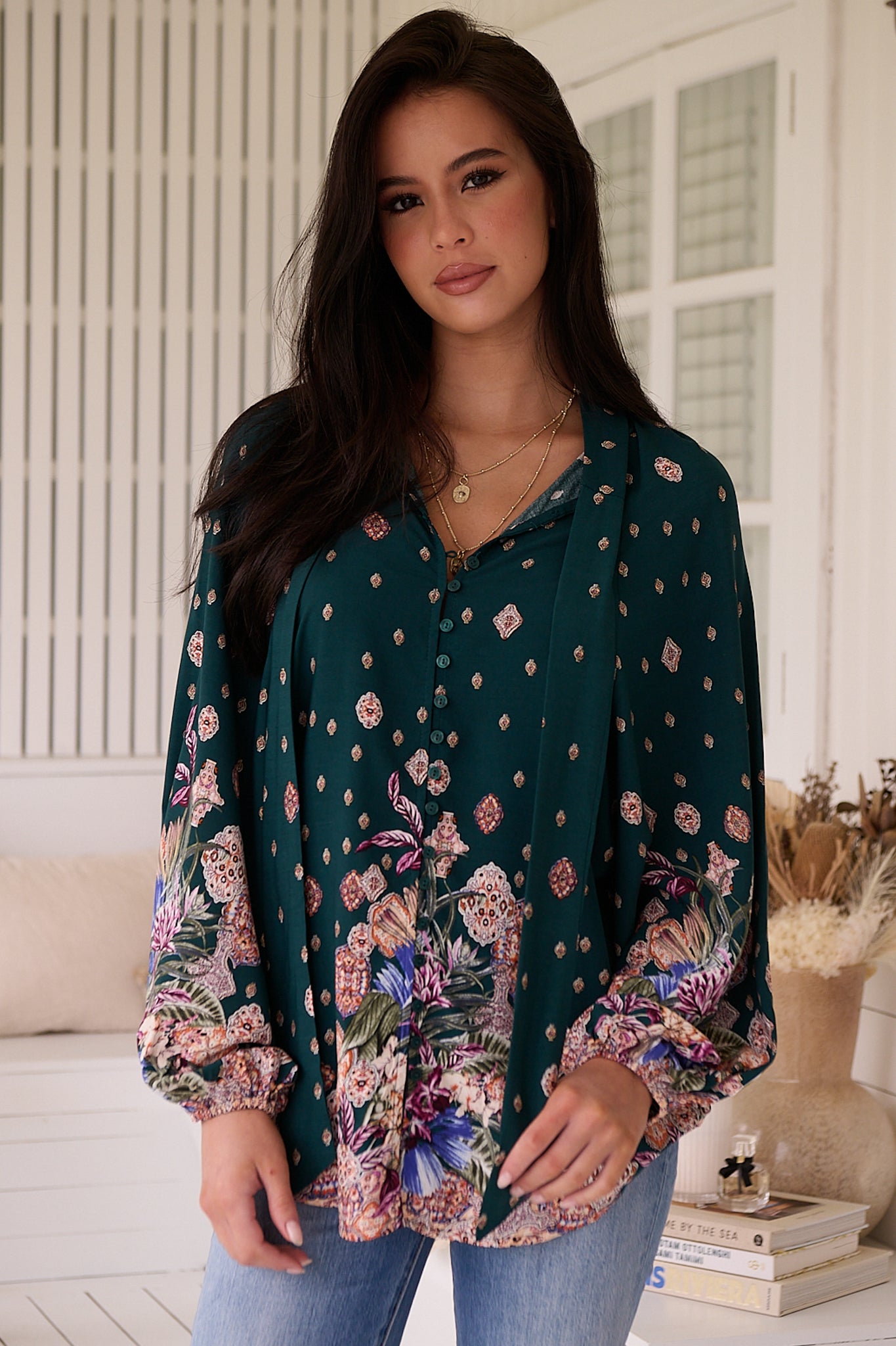 JAASE - Imogen Blouse: Mandarin Collar Button Down Blouse in Estella Print