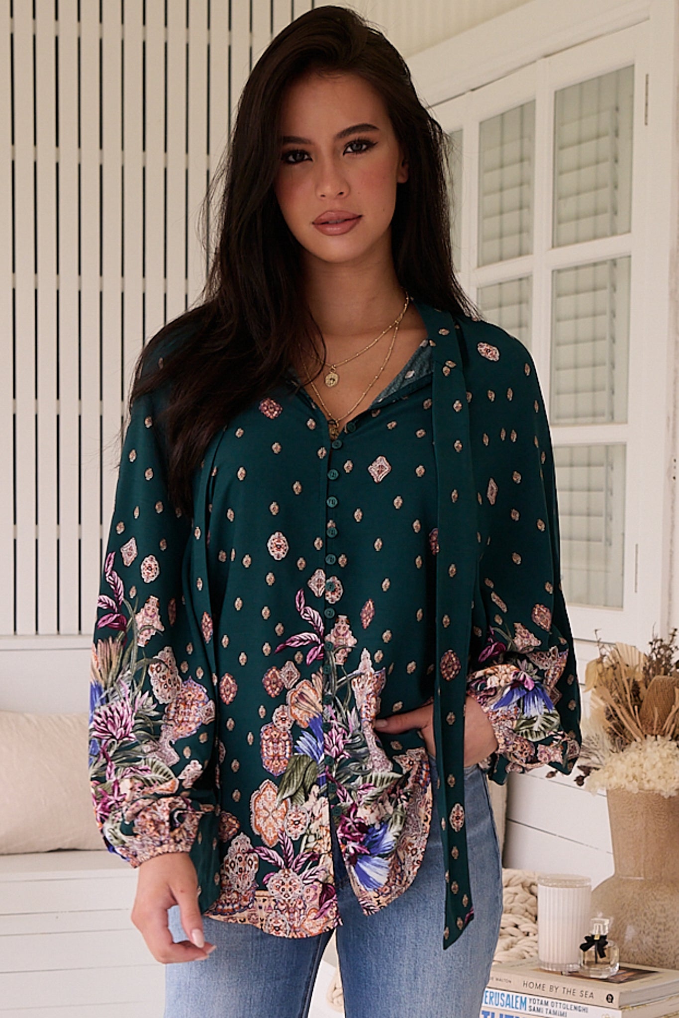 JAASE - Imogen Blouse: Mandarin Collar Button Down Blouse in Estella Print