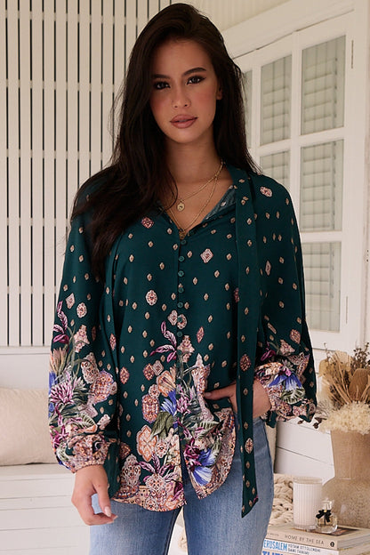 JAASE - Imogen Blouse: Mandarin Collar Button Down Blouse in Estella Print