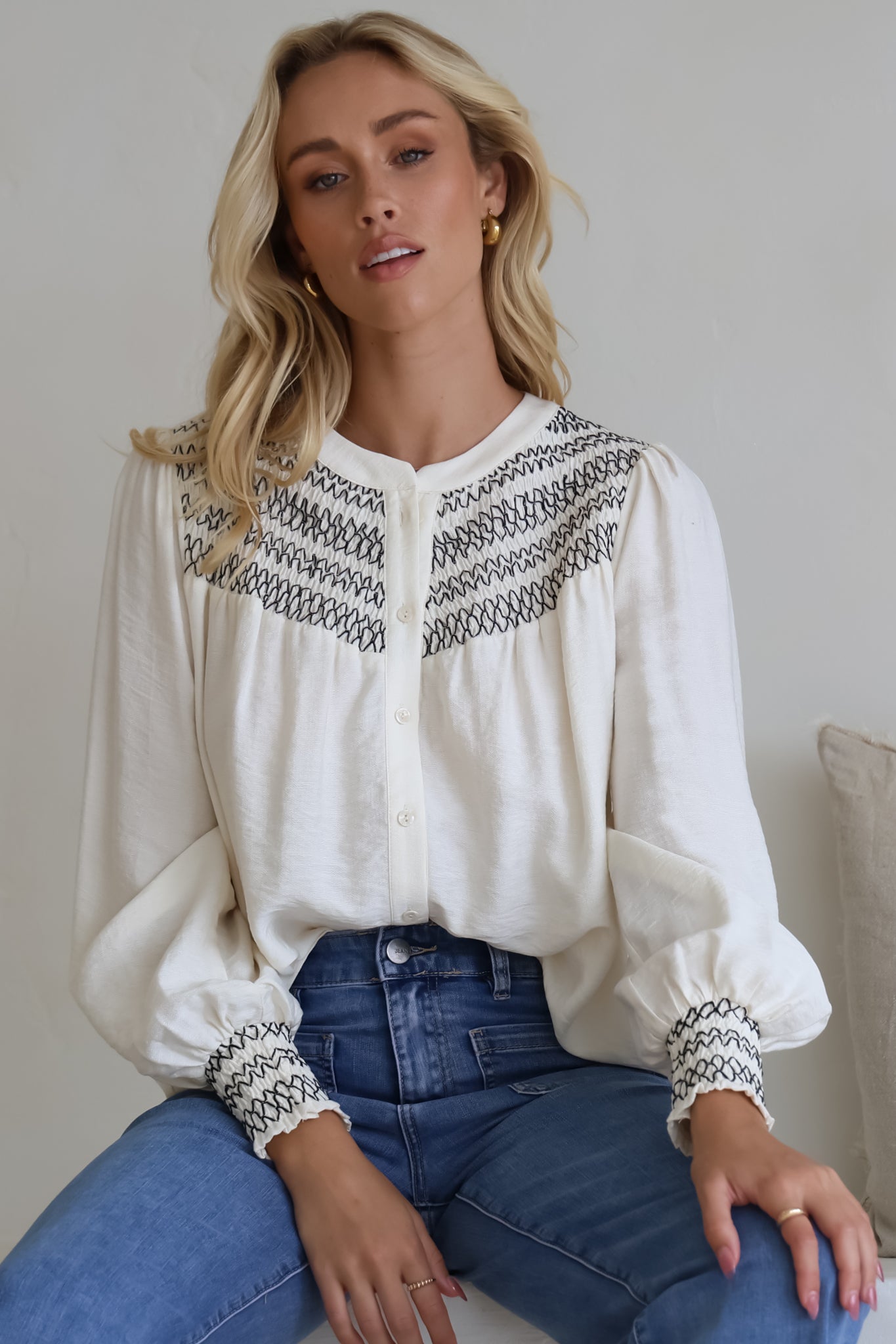 Leif Blouse - Mandarin Collar Button Down Blouse with Contrast Embroidering in Black